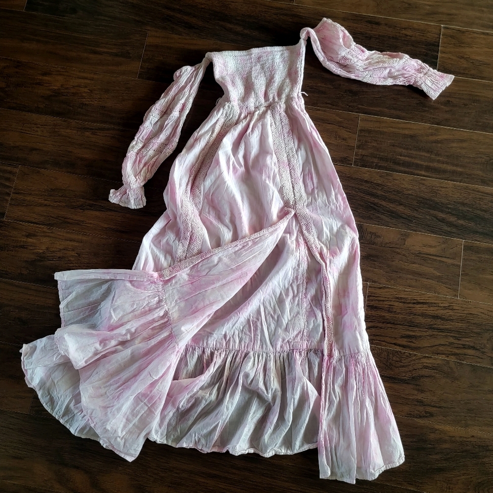 Tularosa Morgan Off Shoulder‎ Midi Dress in Pink Tie Dye XXS Feminine Spring